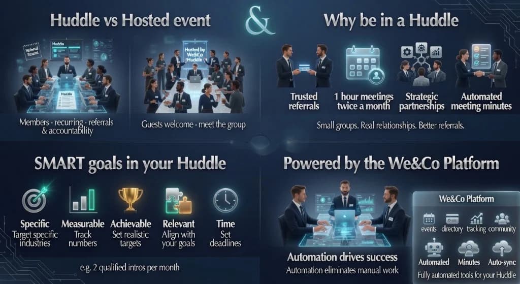We&Co success formula infographic in four panels: Huddle versus hosted We&Co event; why join a Huddle—trusted referrals, bi-monthly meetings, partnerships, automated minutes; SMART goals with an example; and the We&Co platform automating your Huddle—for Springfield, Joplin, and Southwest Missouri.